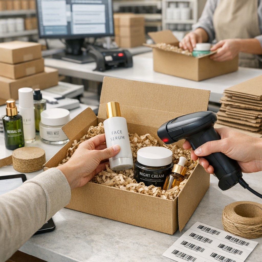 Highend health and beauty products being carefully picked and packed in a clean fulfilment centre with barcode scanning and sustainable packaging brig